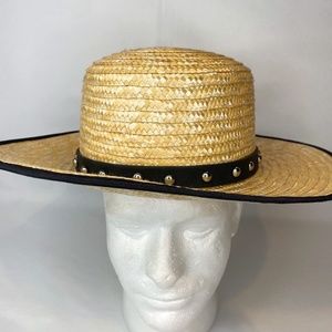 Bioworld Straw Hat Wide Brim With Bead Pattern Decorative Trim NWT